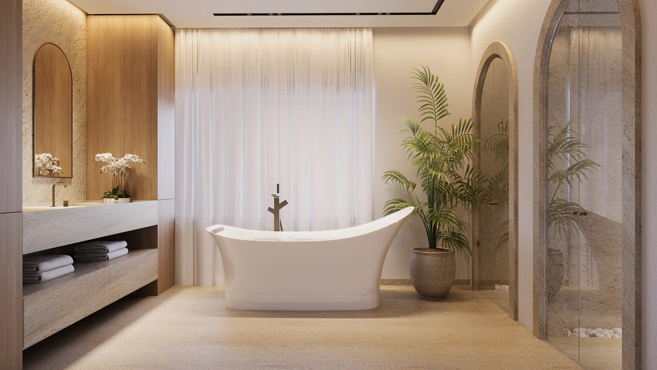 Savyon Residence, 3D render of the master bathroom with travertine vanity and freestanding tub