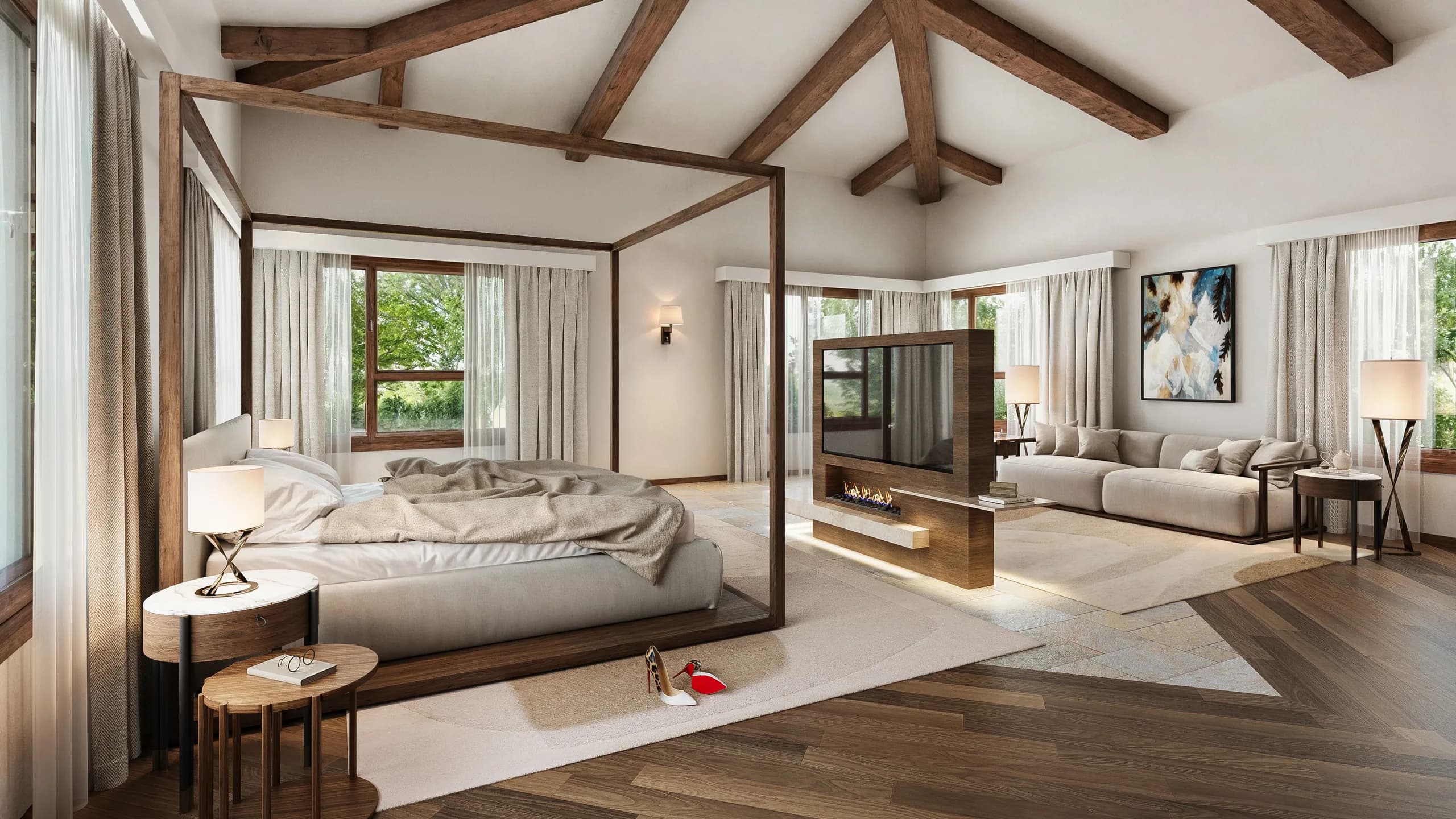 Savyon Residence, 3D render of the master bedroom with four-poster bed under exposed timber trusses
