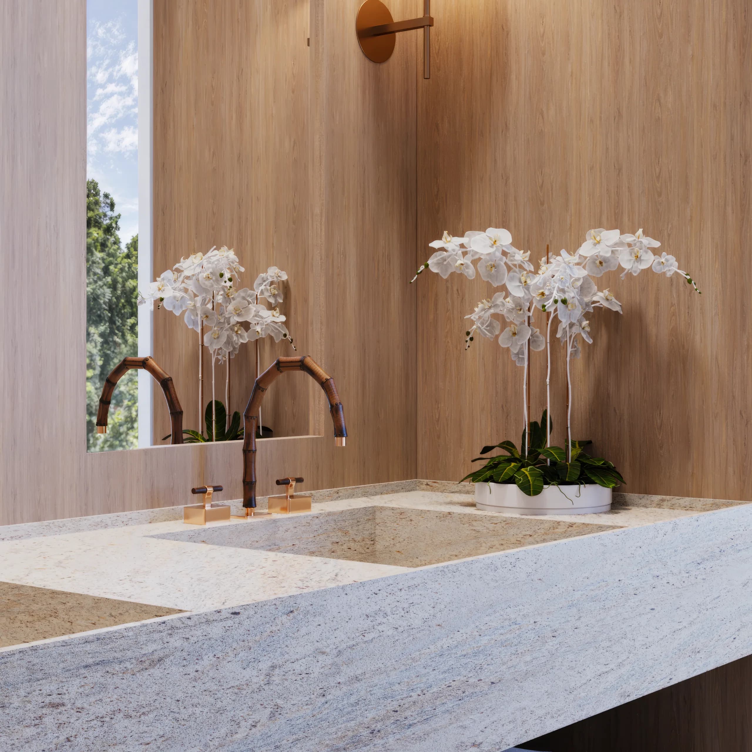 Savyon Residence, 3D detail of the stone basin with bamboo-form copper taps and orchids