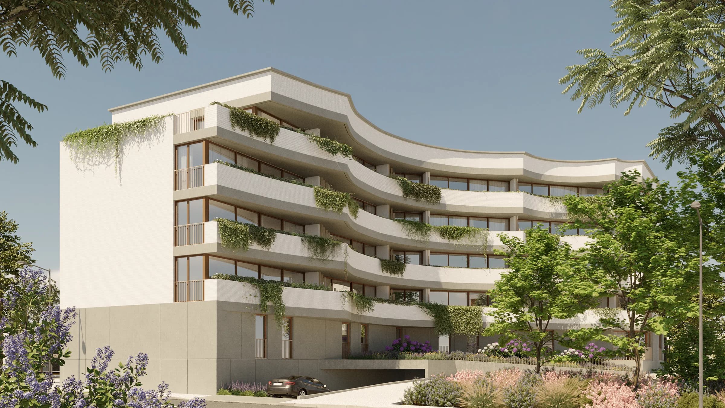 Lumin, render 3D do edifício de fachada curva com varandas ajardinadas
