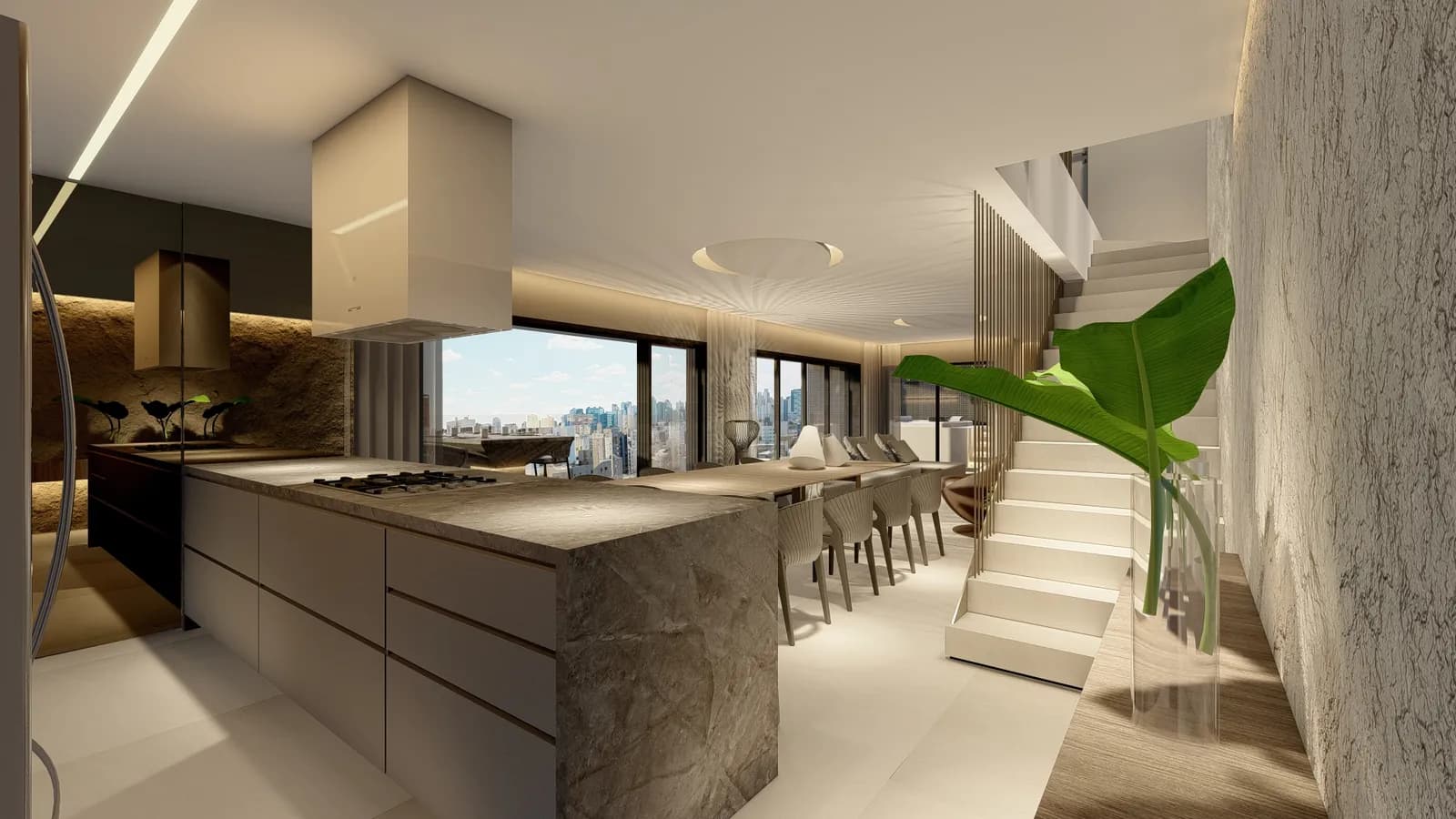 Kitchen with stone island open to the living room and stair