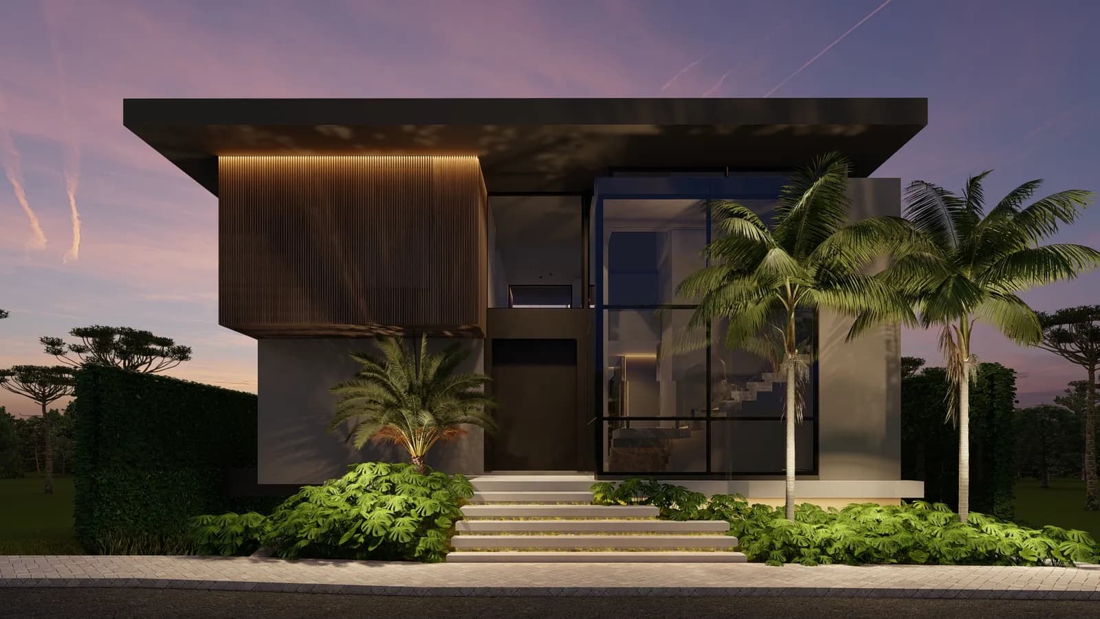 Garden House, timber and glass facade at dusk