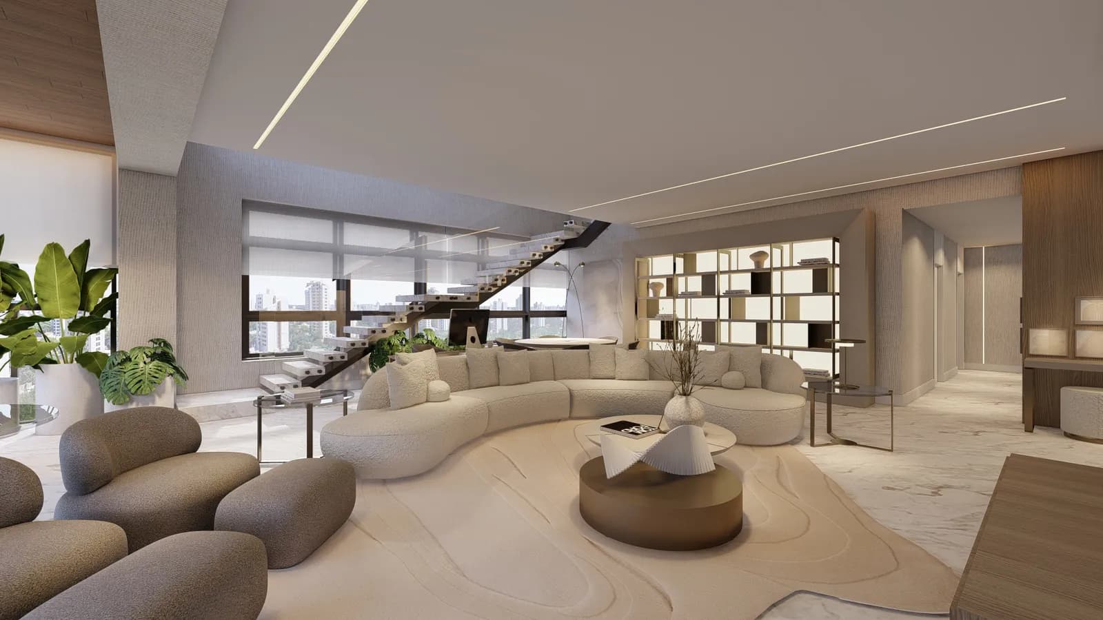 Living room with curved sofa and lit shelving