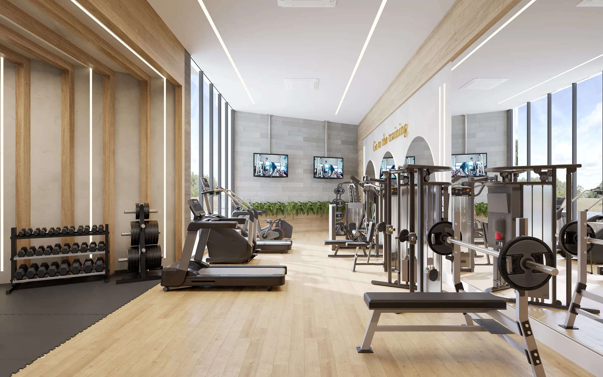 Wave, academia com pé-direito duplo, musculação e esteiras