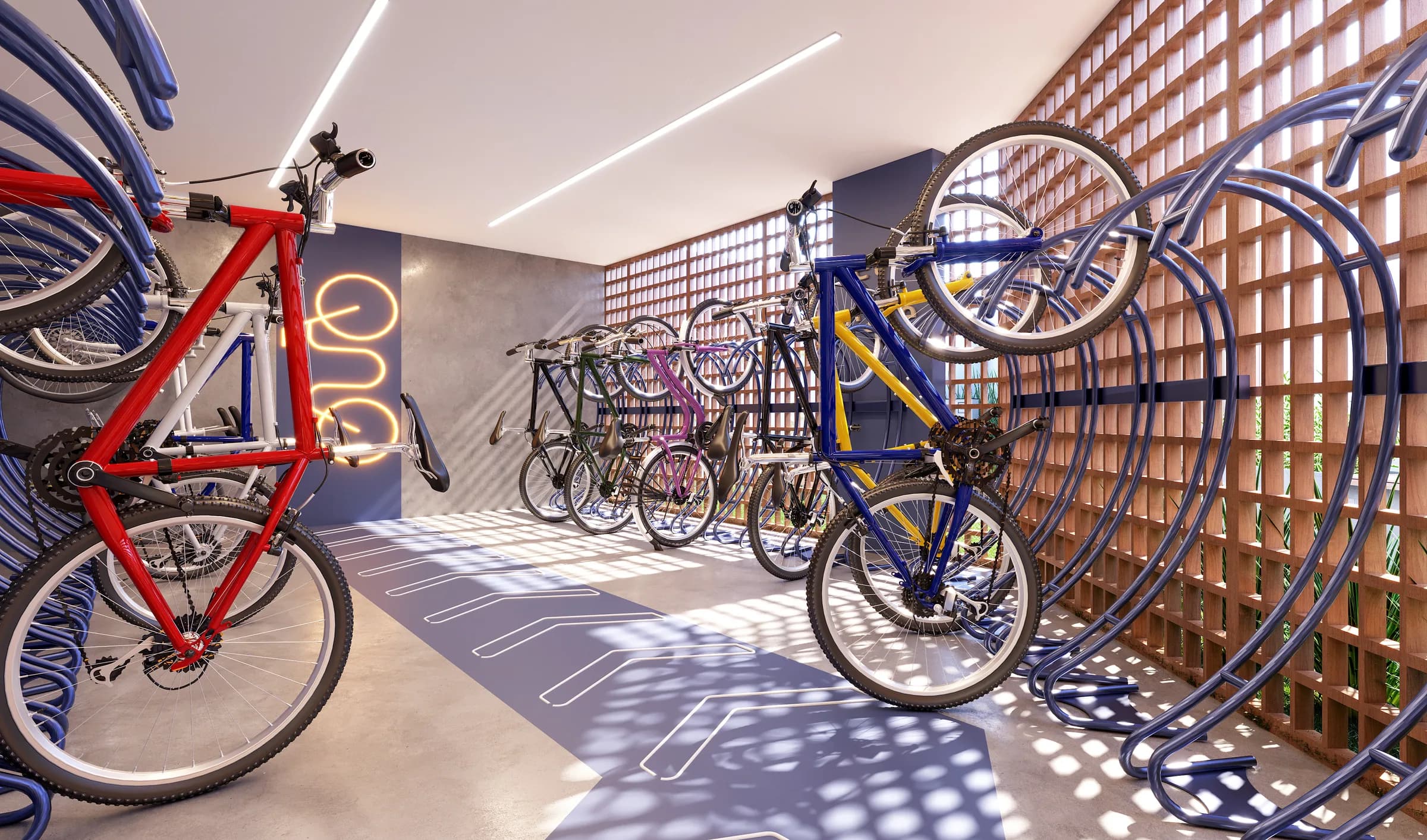 Wave, bicicletário com suportes de parede e painel vazado