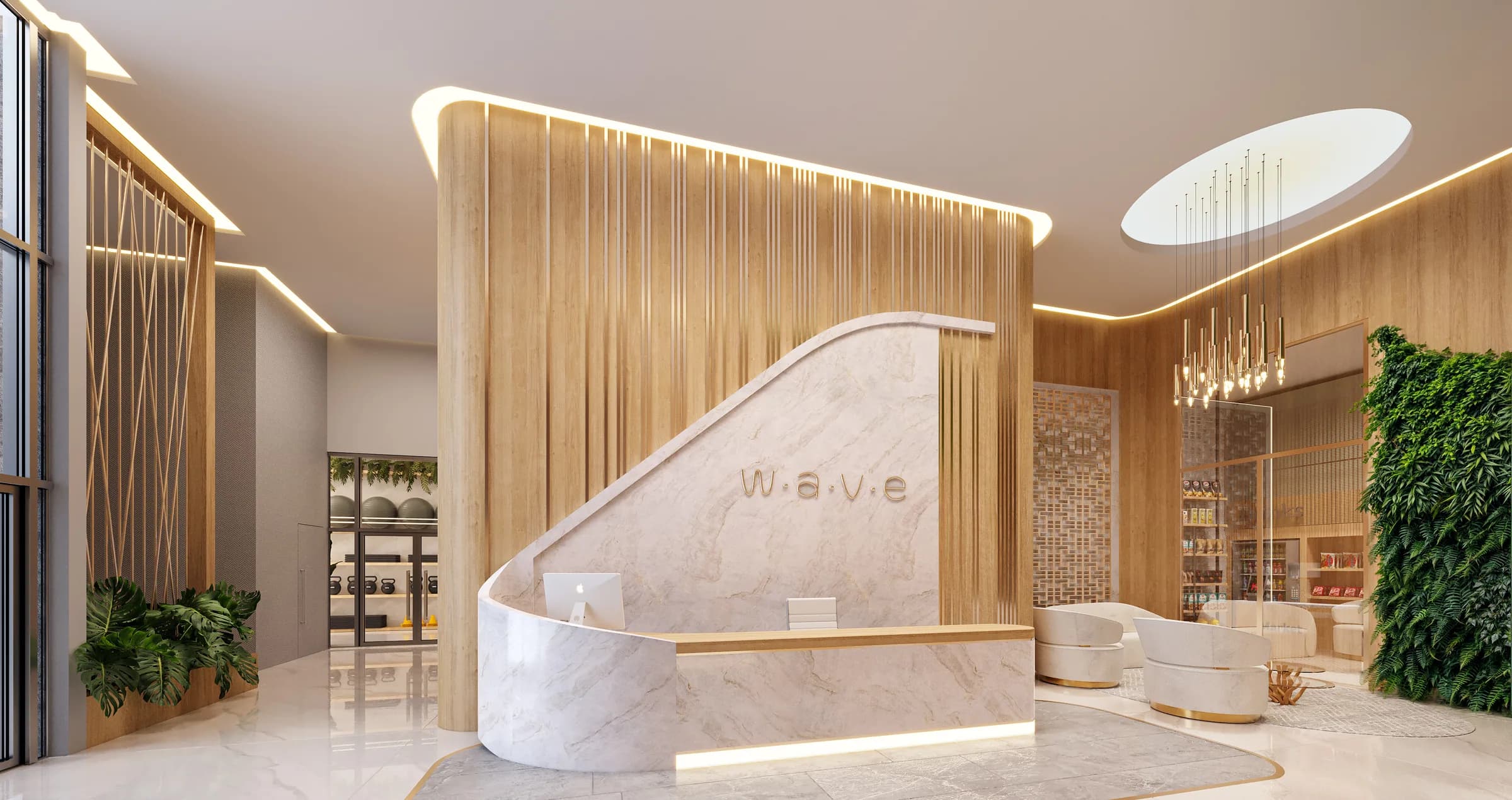 Wave, recepção em mármore com ripado de madeira e jardim vertical