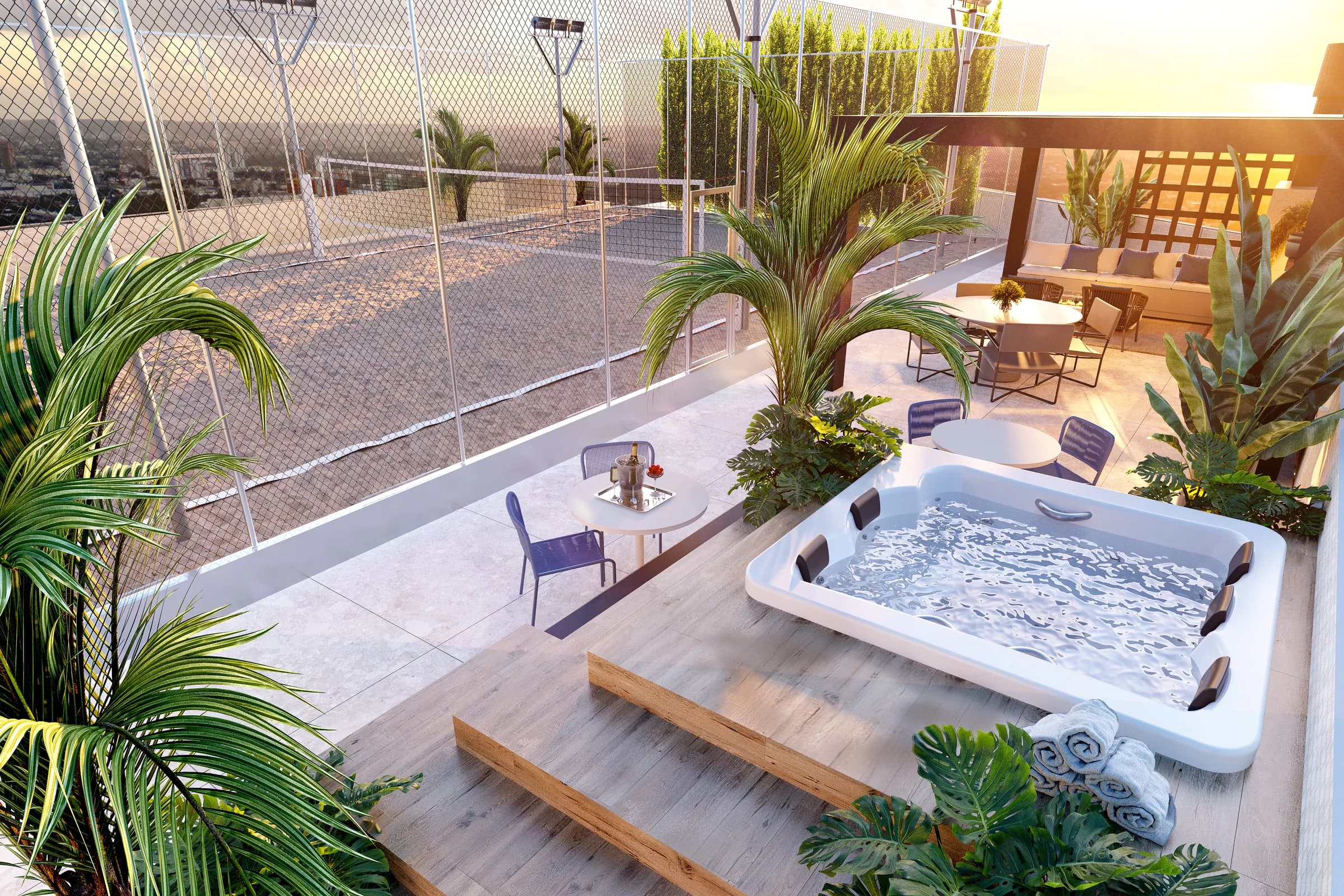 Wave, hidromassagem em deck de madeira cercada de palmeiras