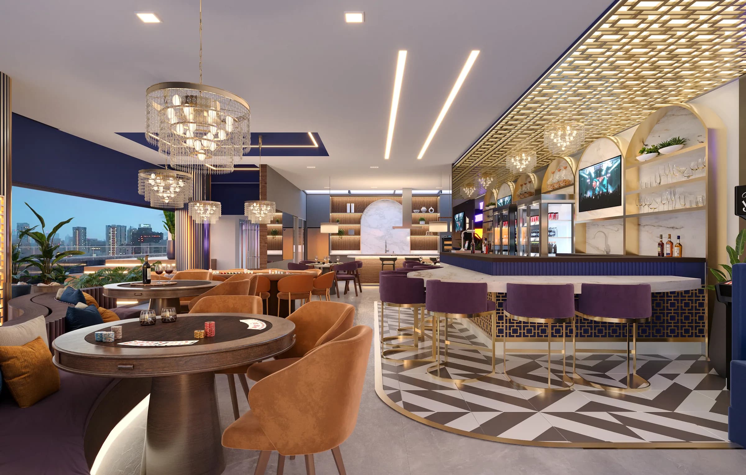 Wave, Hub Bar com balcão, lustres de cristal e mesas de jogos
