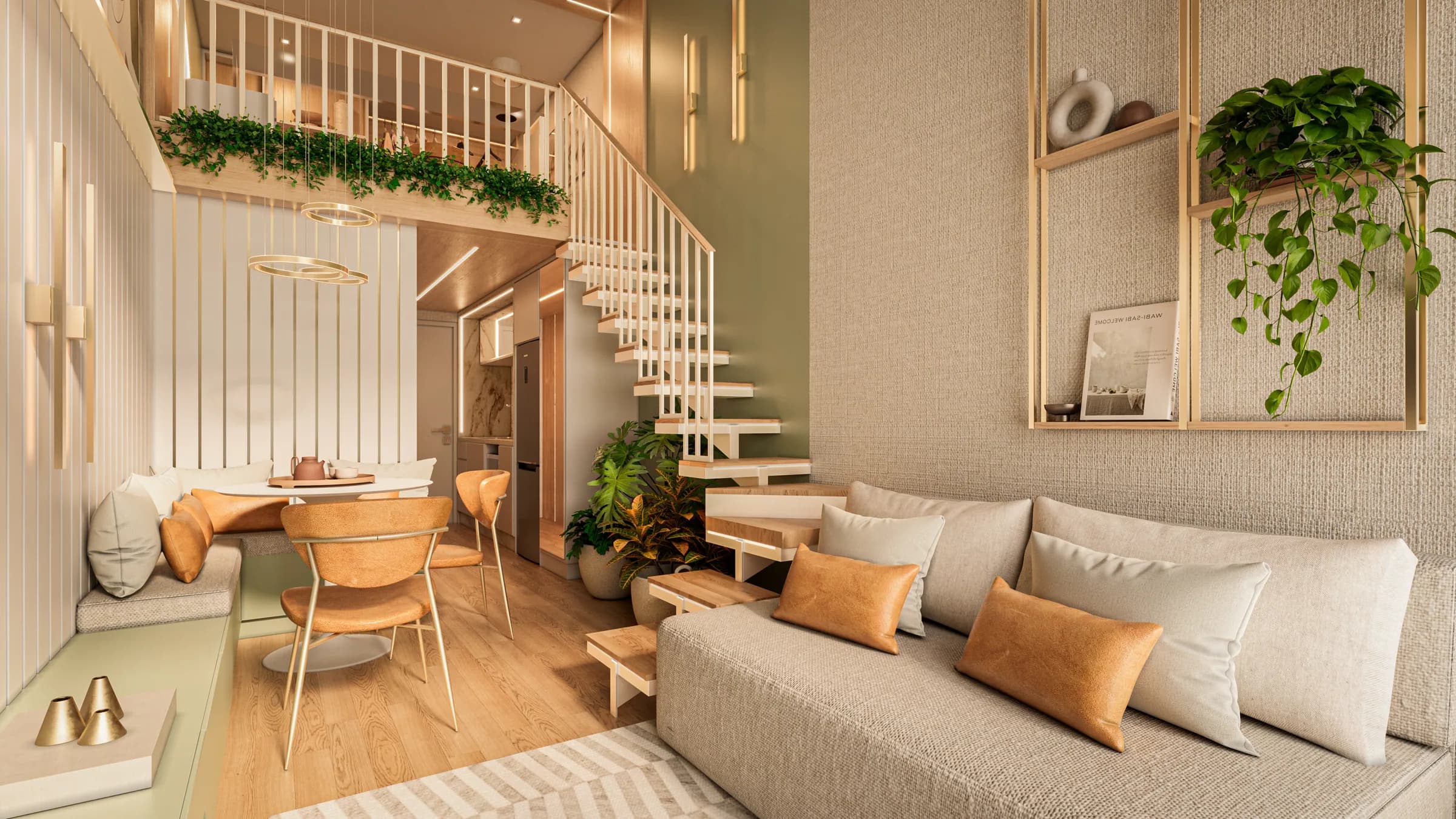 Wave, living do loft 227 com escada vazada e mezanino