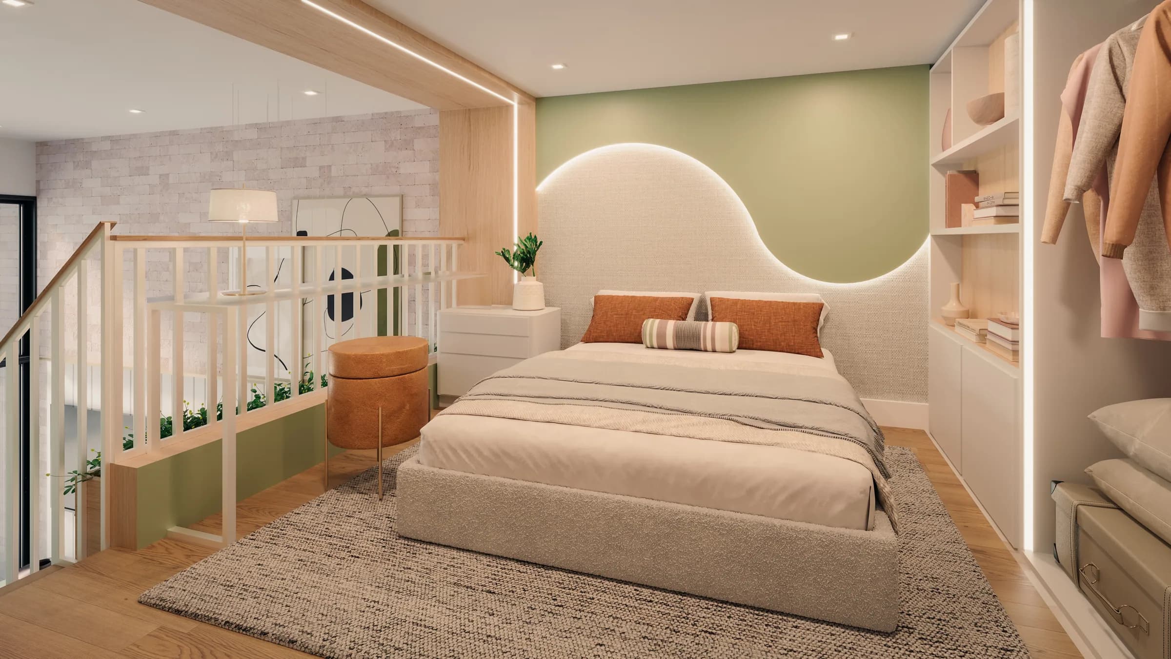Wave, quarto no mezanino do loft 227 com cabeceira iluminada
