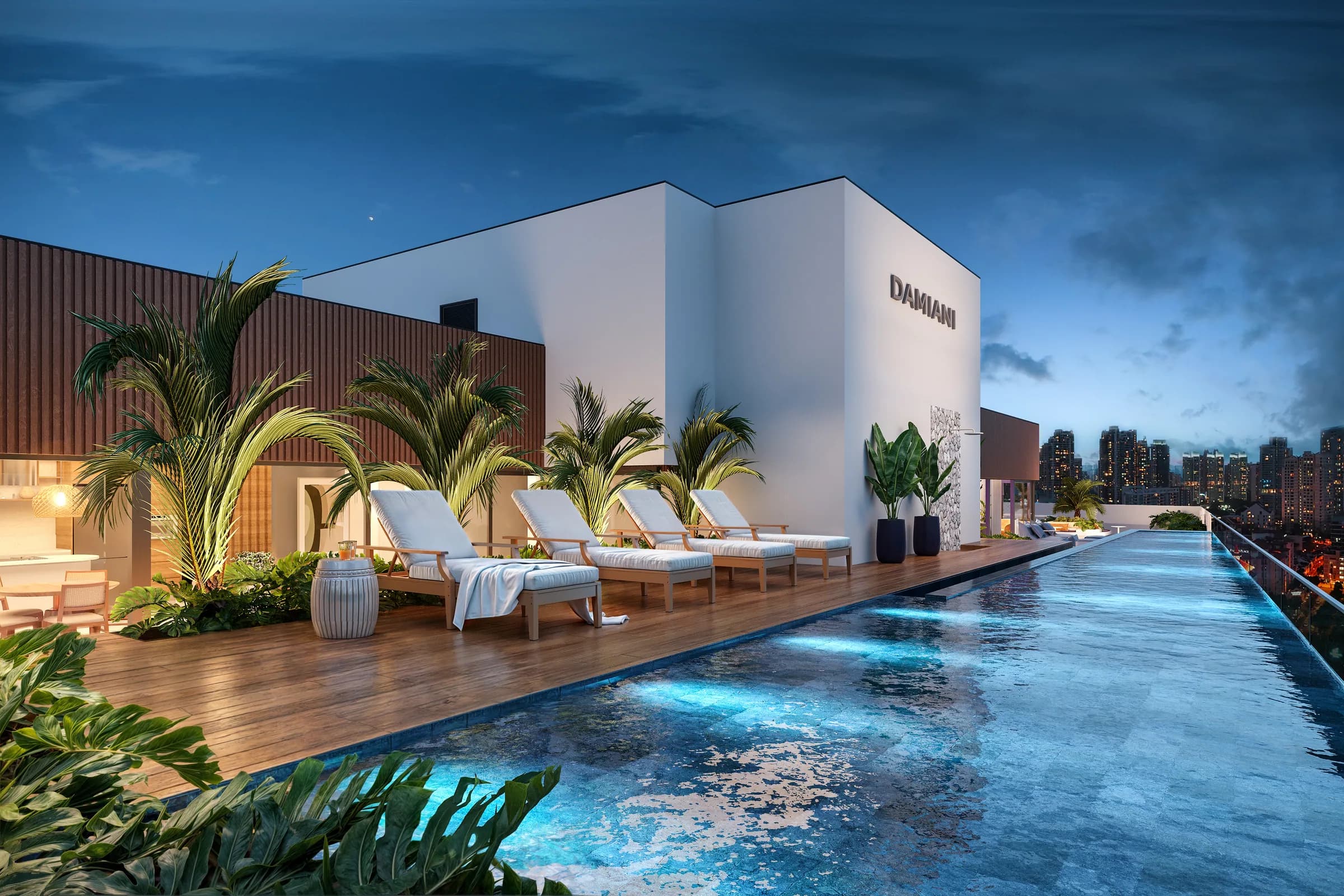 Wave, piscina em raia do rooftop iluminada à noite, com deck de madeira