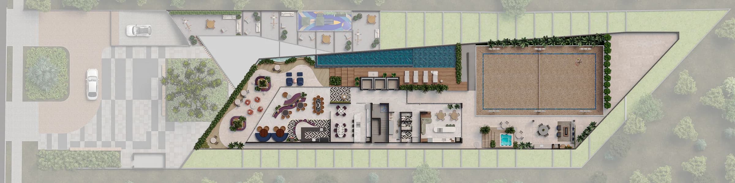 Wave, planta humanizada do rooftop com piscina, beach tennis, gourmet e Hub Bar