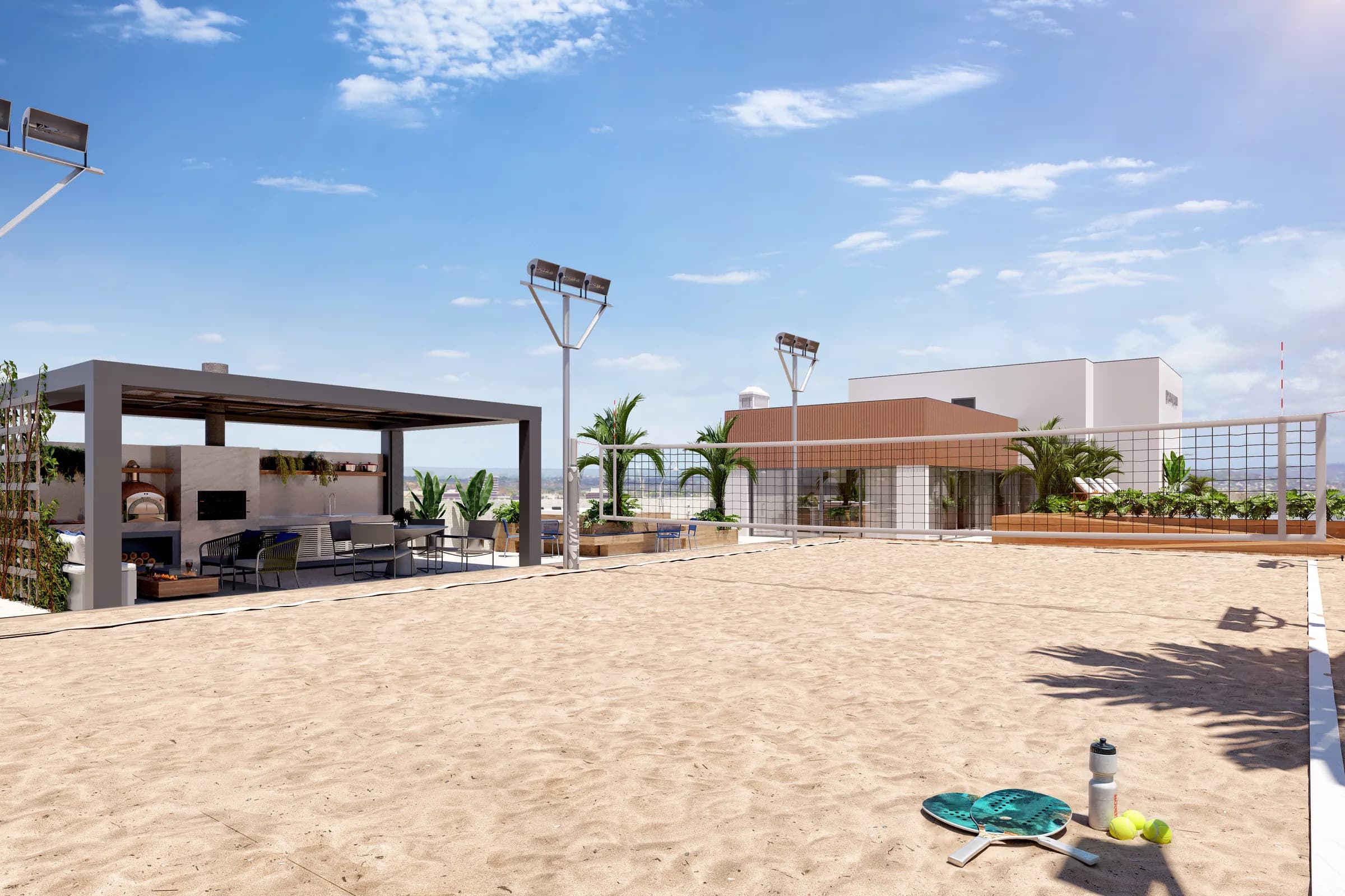 Wave, quadra de areia de beach tennis no rooftop com quiosque e refletores